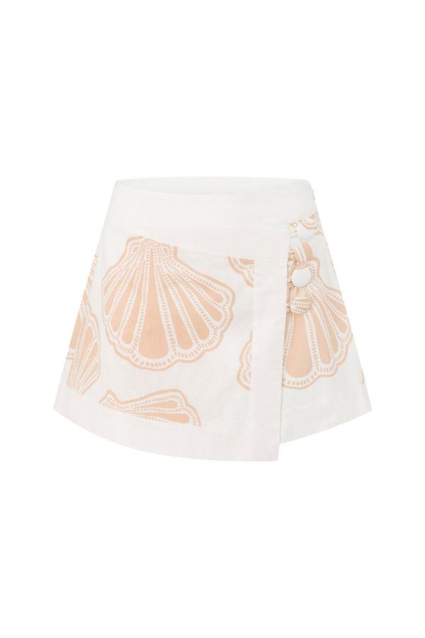 Celestia Mini Button Skirt - White, Pink Coastal Shell Print