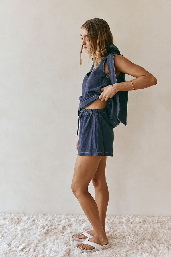 Dark Blue Denim Elastic Drawstring Elixir Shorts
