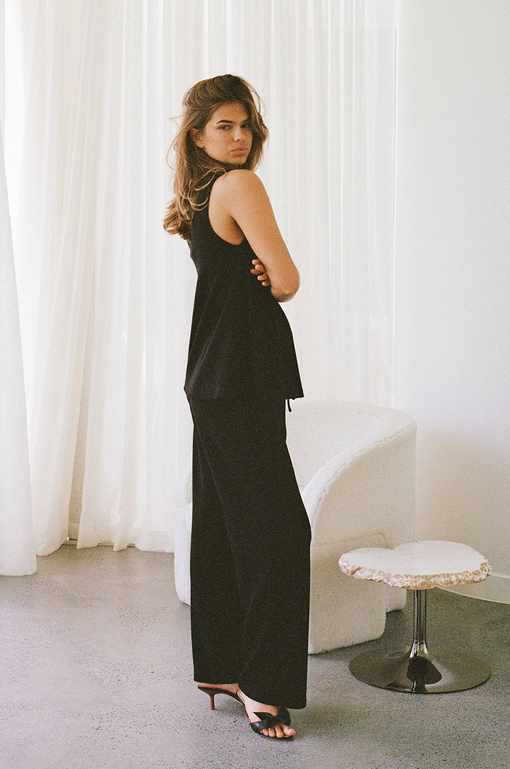 Black Ribbed Knit V Neck Lana Top