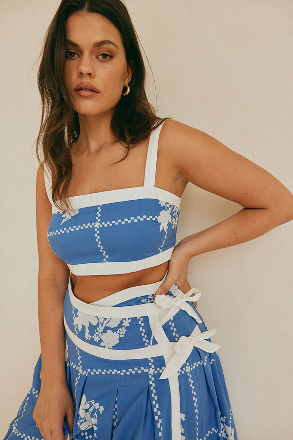 Blue and White Check Flower Estelle Crop Top
