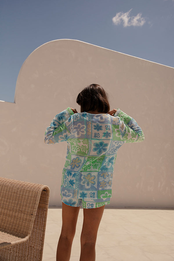 Sari Long Sleeve Tie Up Mesh Top - Verano Floral, Postcard, Blue, Green, White, Yellow