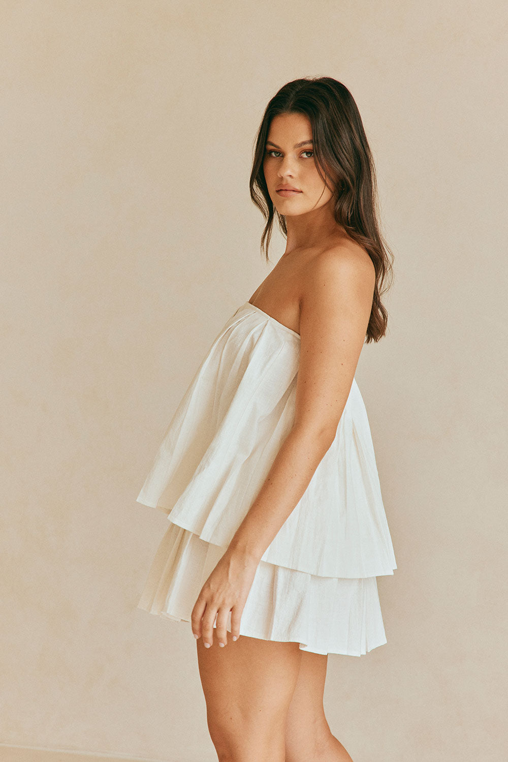 White Pleated Strapless Flowy Amity Top