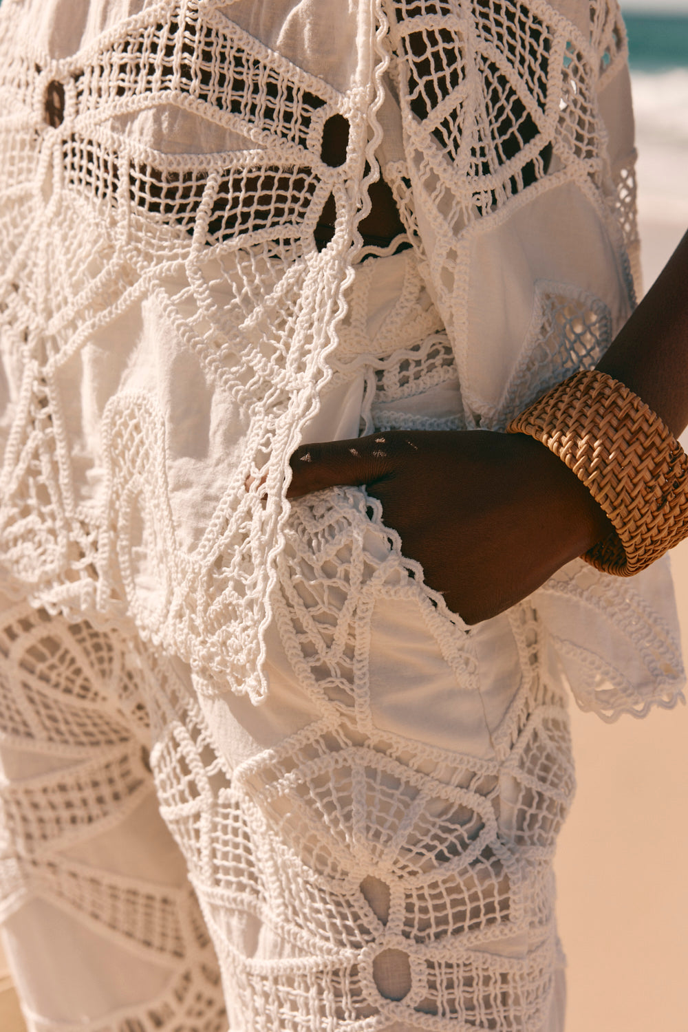 White Embroidered Cutwork Wide Leg Donna Pants