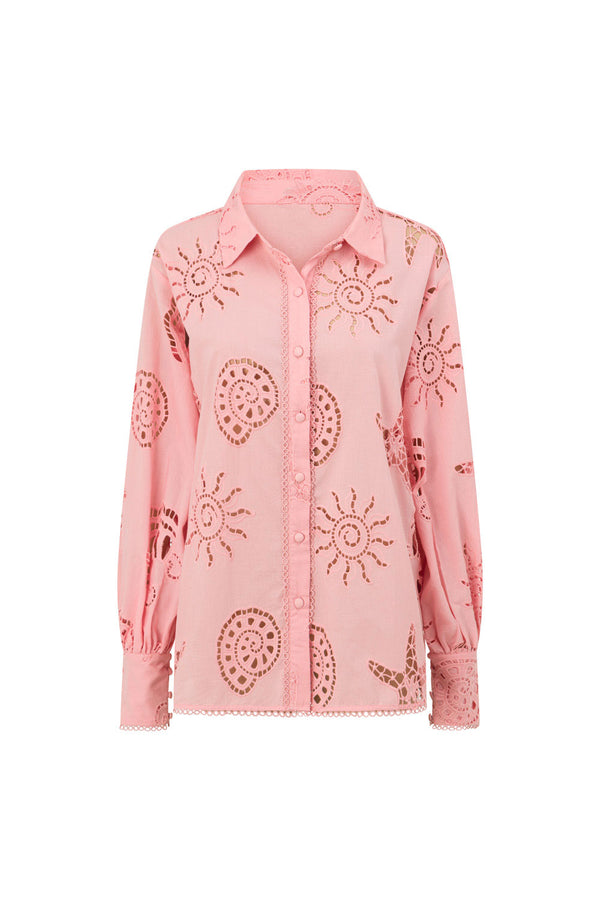Pink Embroidered Long Sleeve Collar Carilo Top