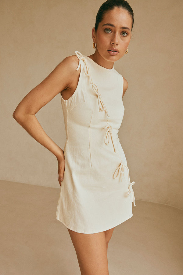 Cream Denim A-Line Bow Mini Kapri Dress
