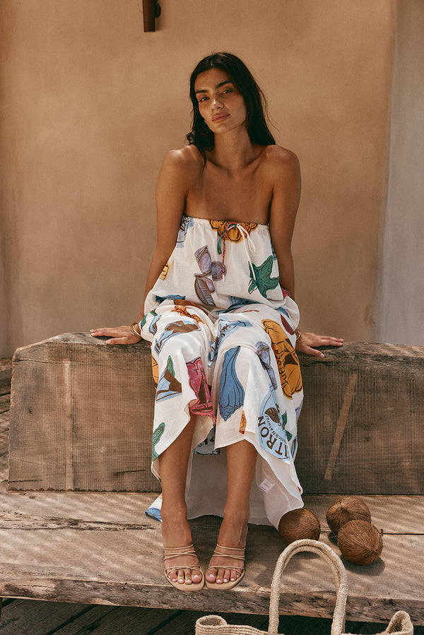 White Shell By The Sea Print Strapless Maxi Toria Dress