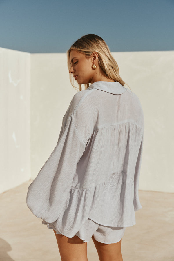 Baby Blue Long Sleeve Button Up Panel Huxley Top