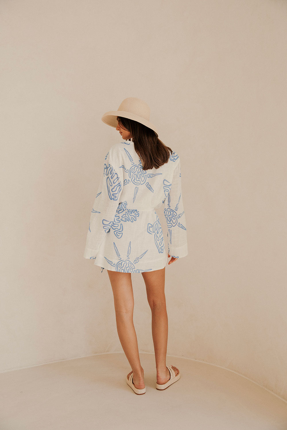 Ali Long Sleeve Tropical Mini Dress - White, Blue Evoke Print