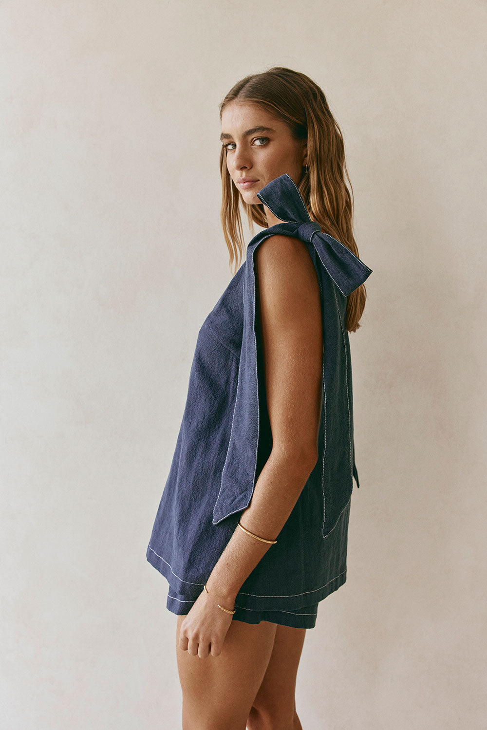 Dark Blue Denim V Neck Shoulder Bow Elixir Top
