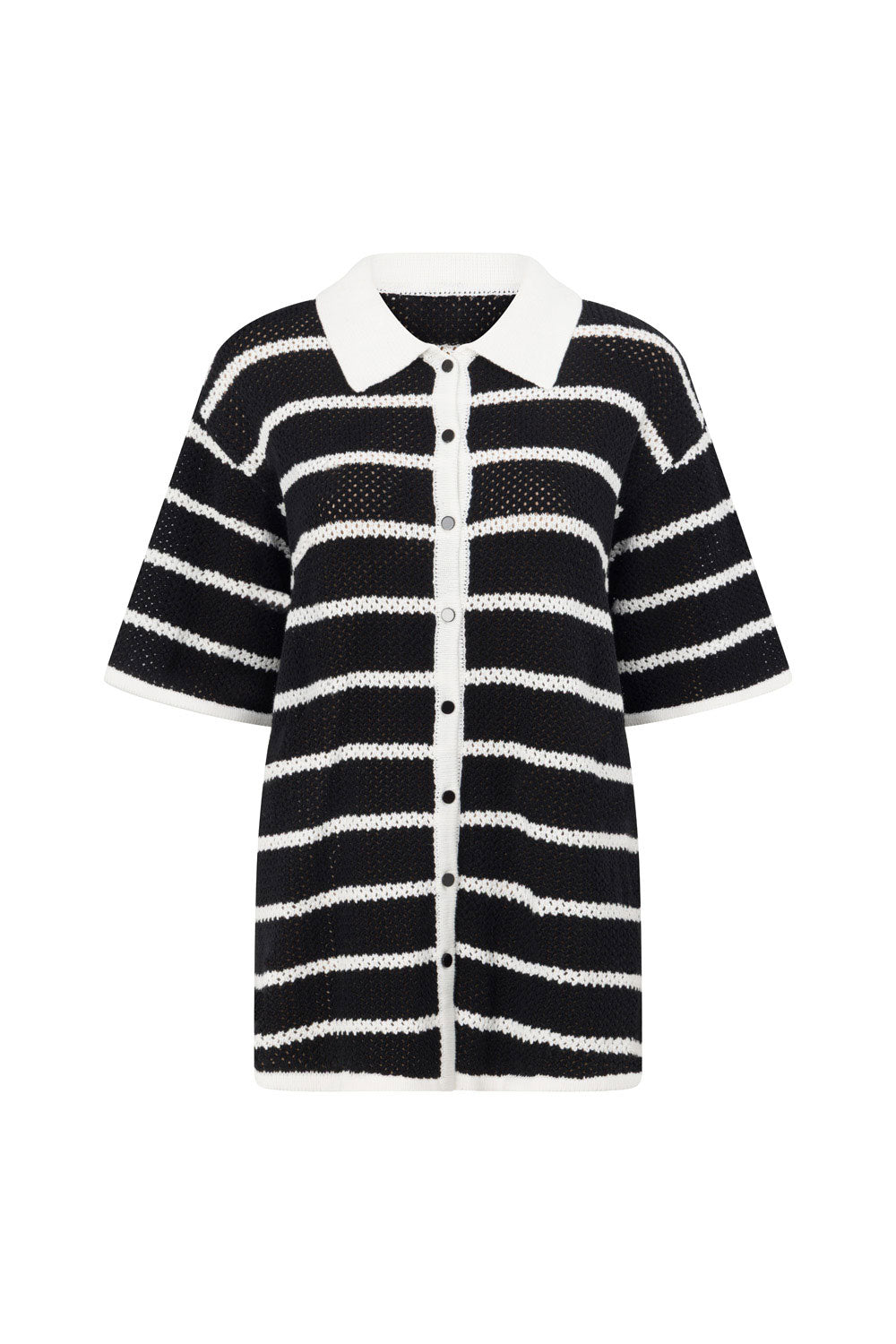 Black And White Stripe Knit Button Up Collar Mia Top