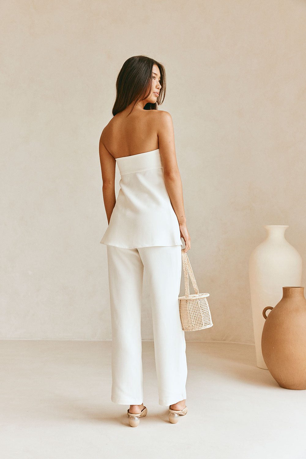 Cream Tailored High Waist Gold Belt Pocket Aila Pants