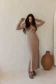 Tan Long Sleeve Cut Out V Neck Maxi Belora Dress