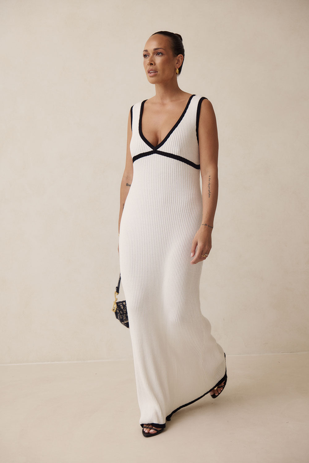 White Knit V Neck Maxi Paragon Dress