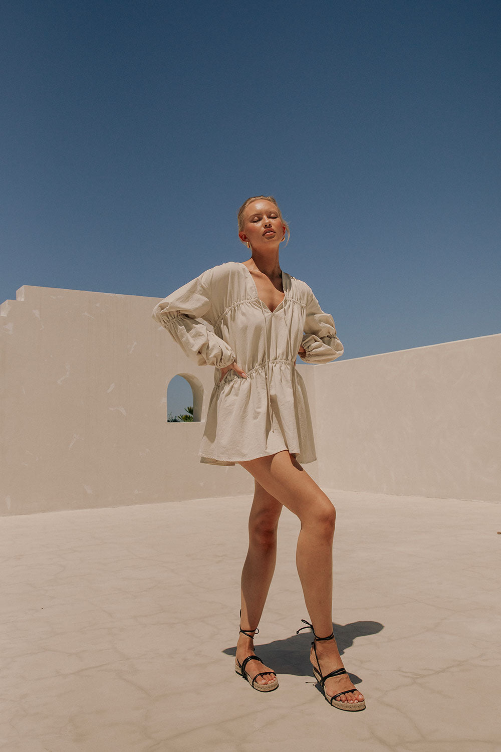 Ava Flounce Long Sleeve Mini Tie Dress - Beige