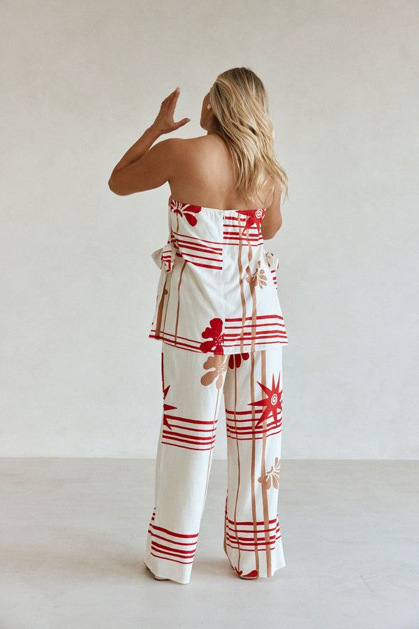 Cream Moana Red Print Strapless Aspyn Top