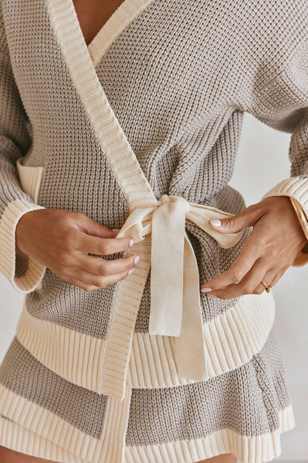 Grey and White Knit V Neck Wrap Chester Sweater