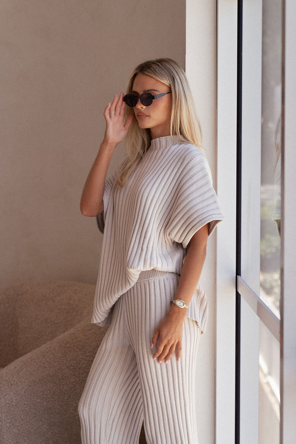 Beige Sand Ribbed Knit Celine Pants