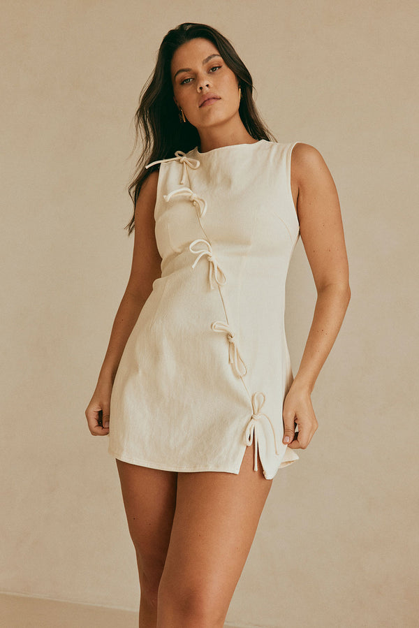 Cream Denim A-Line Bow Mini Kapri Dress
