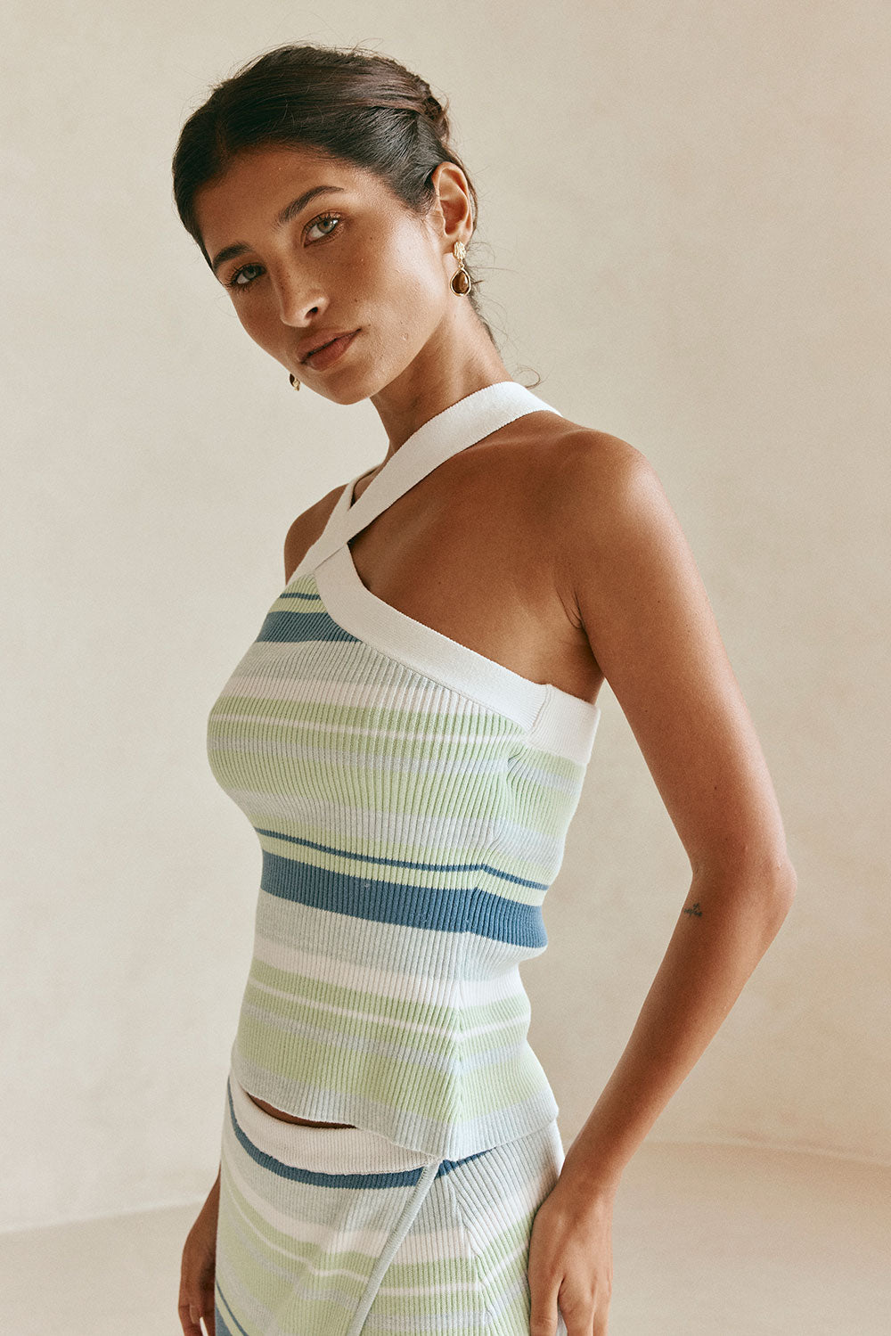 Green and Blue Stripe Knit Halter Dahlia Top