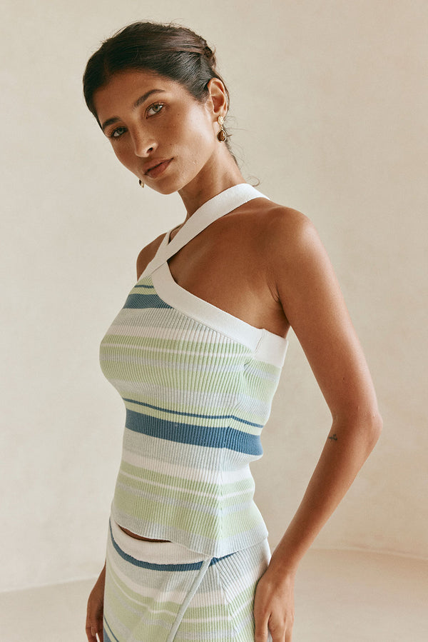 Green and Blue Stripe Knit Halter Dahlia Top