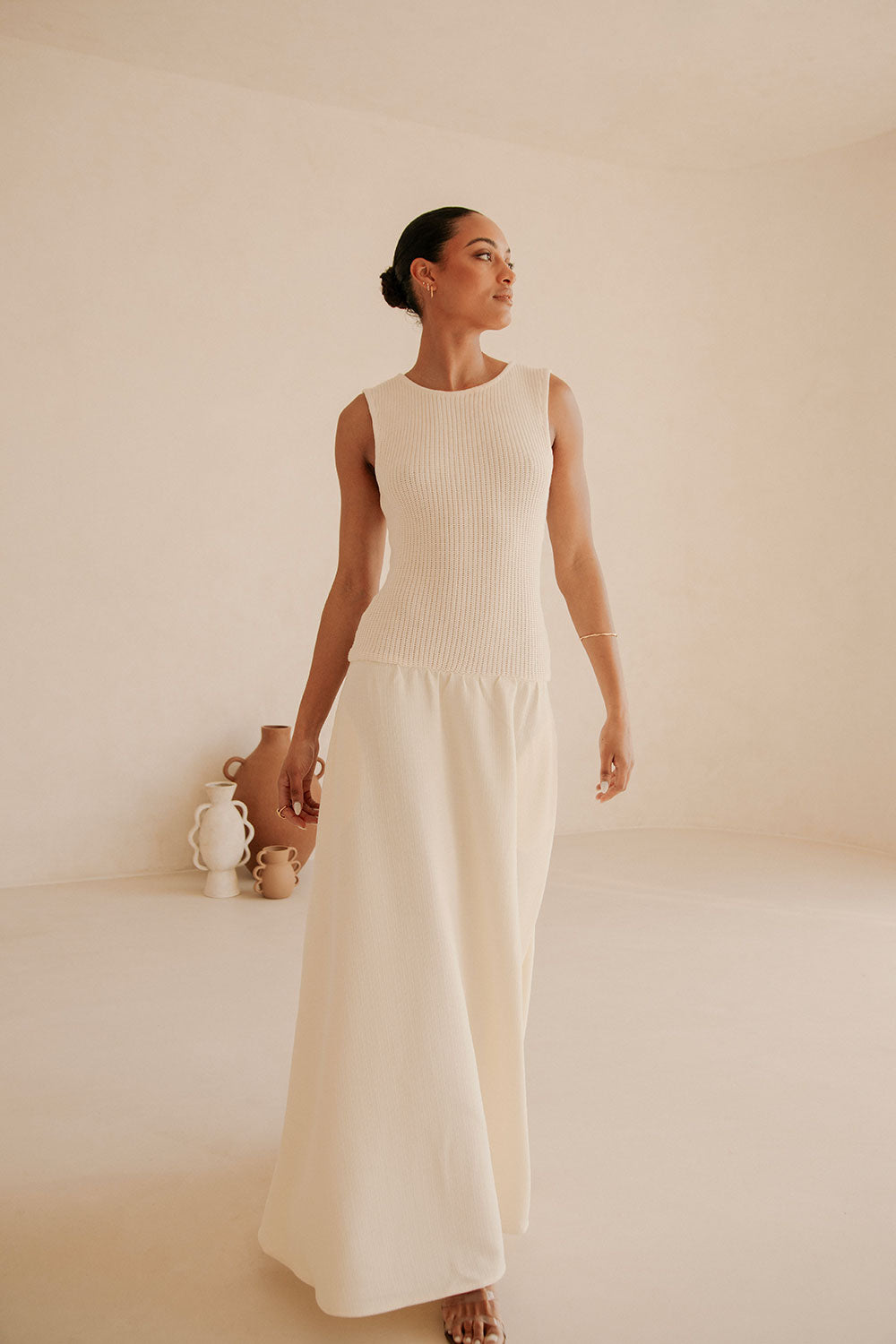 Cream Ribbed Round Neck Flowy Maxi Bryce Dress