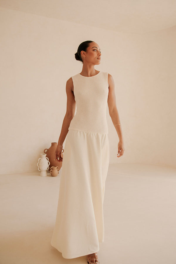Cream Ribbed Round Neck Flowy Maxi Bryce Dress