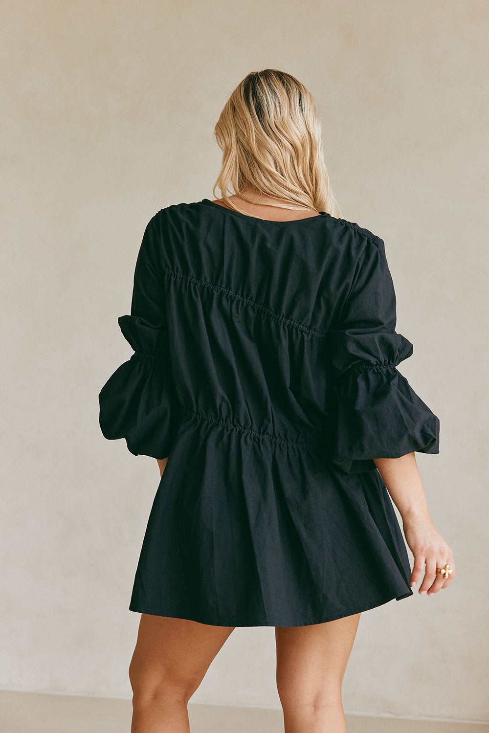 Ava Flounce Long Sleeve Mini Tie Dress - Black