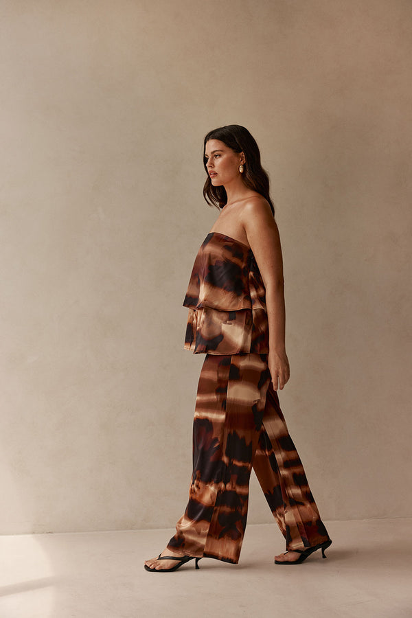 Brown Mirage Bloom Print Satin Strapless Fabi Top