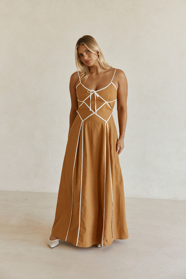 Tan Panel Flouncy Maxi Avala Dress