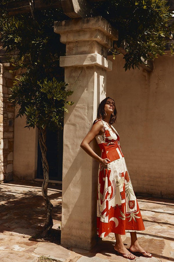 Red Palma Vista Print V Neck Maxi Mira Dress
