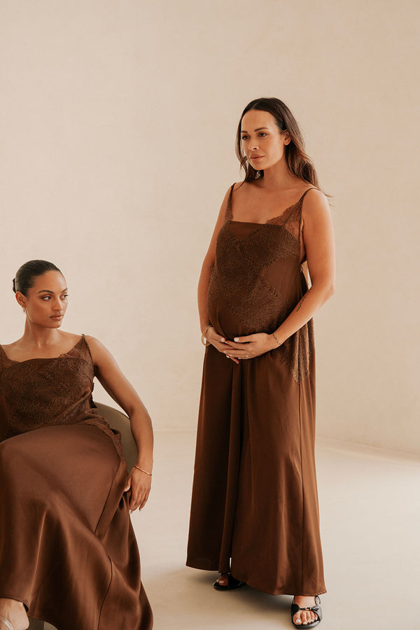 Brown Silky Lace Thin Strap Maxi Aelin Dress