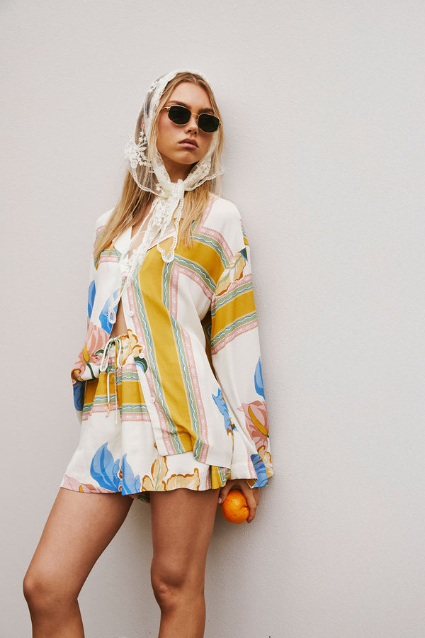 White and Yellow Botanique Drawstring Keziah Shorts