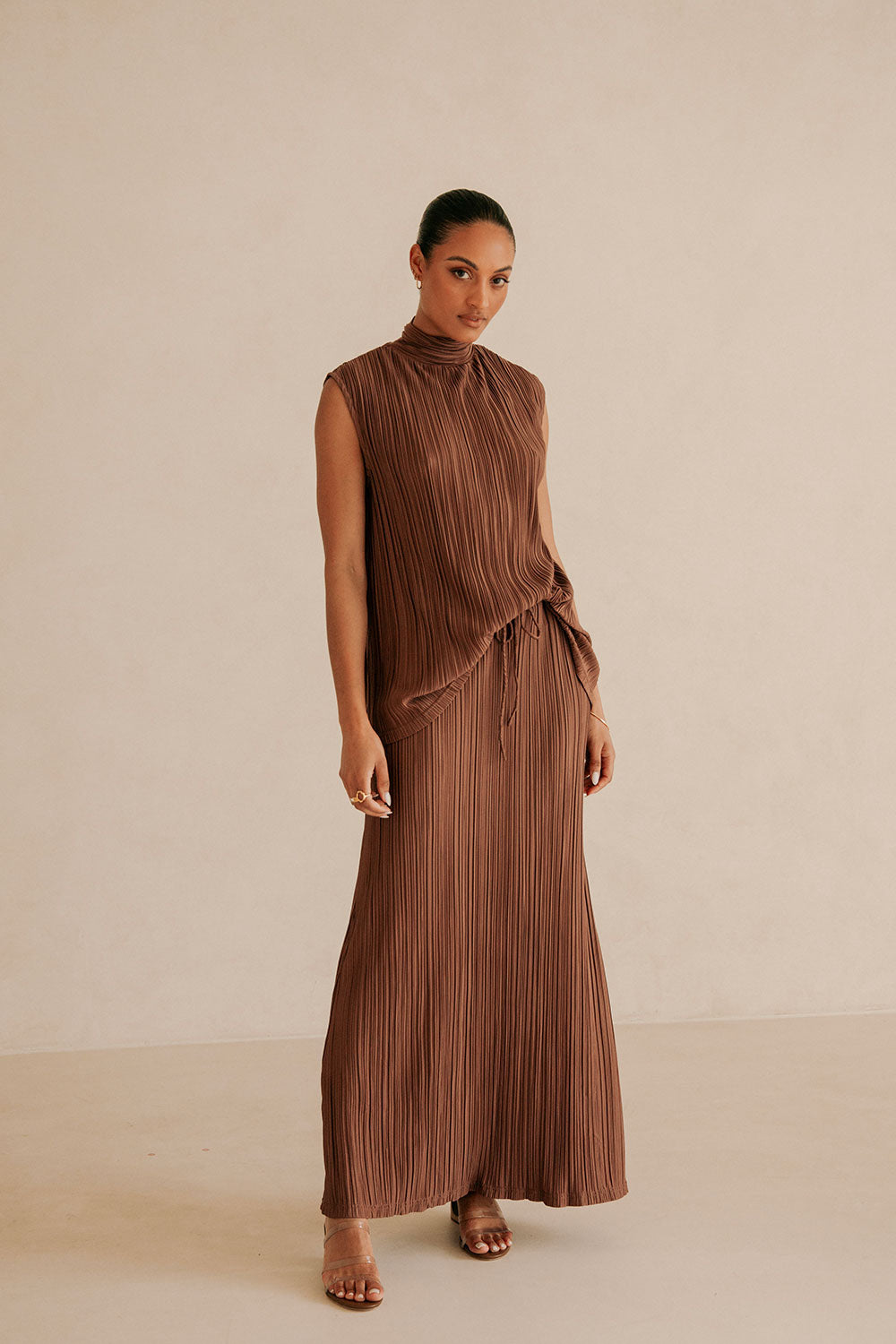 Brown Silky Pleat Turtleneck Catalyna Top