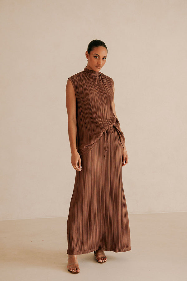 Brown Silky Pleat Turtleneck Catalyna Top