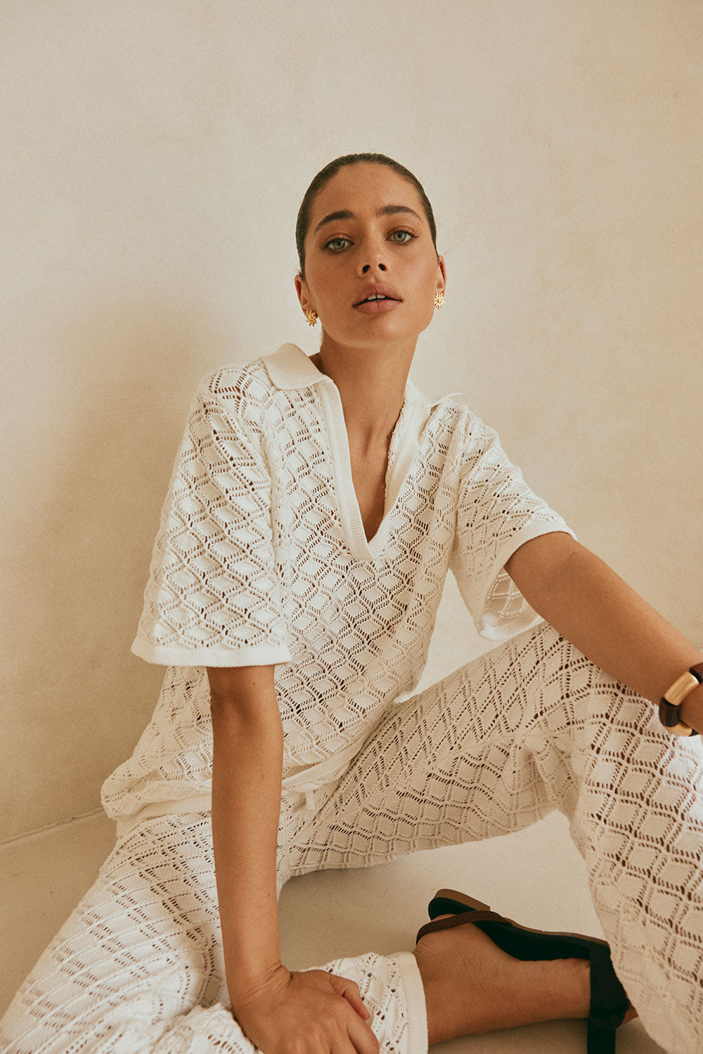 White Knit V Neck Collar Short Sleeve Aya Top