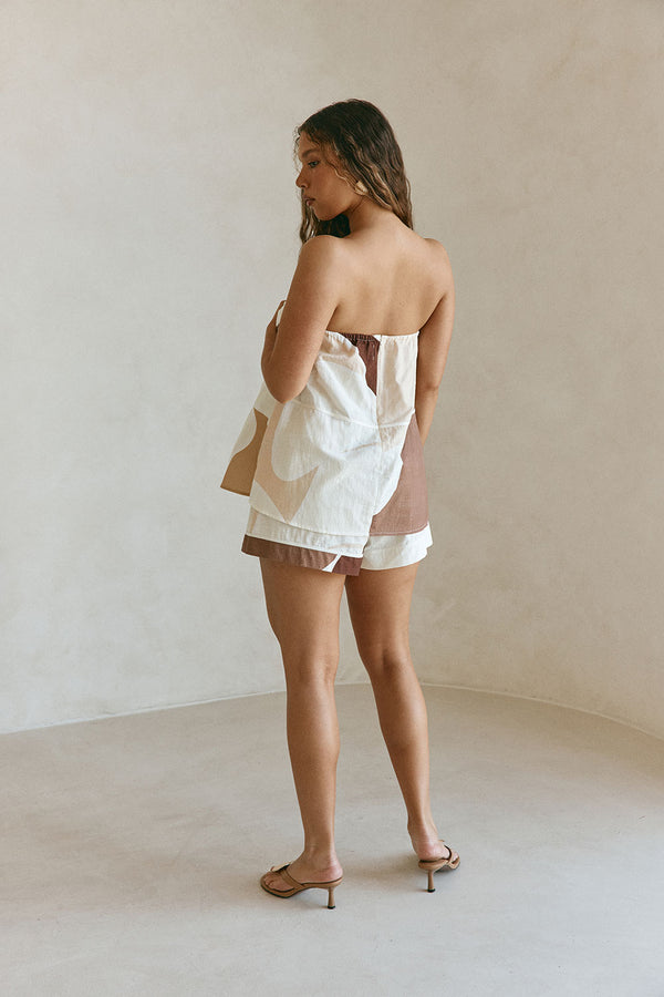 Brown Sable Floral Print Strapless Ria Playsuit