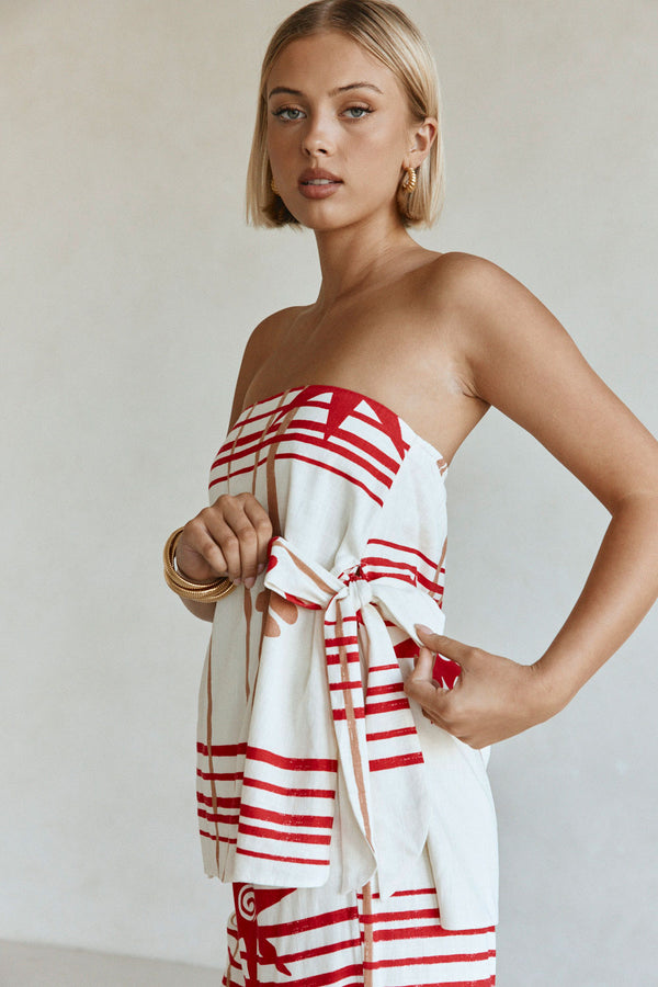 Cream Moana Red Print Strapless Aspyn Top