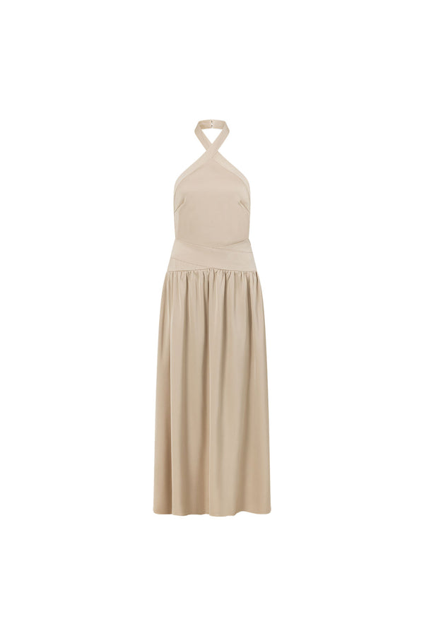 Beige Silky Halter Maxi Rani Dress