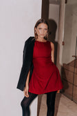 Burgundy Red Flared Mini Camellia Dress