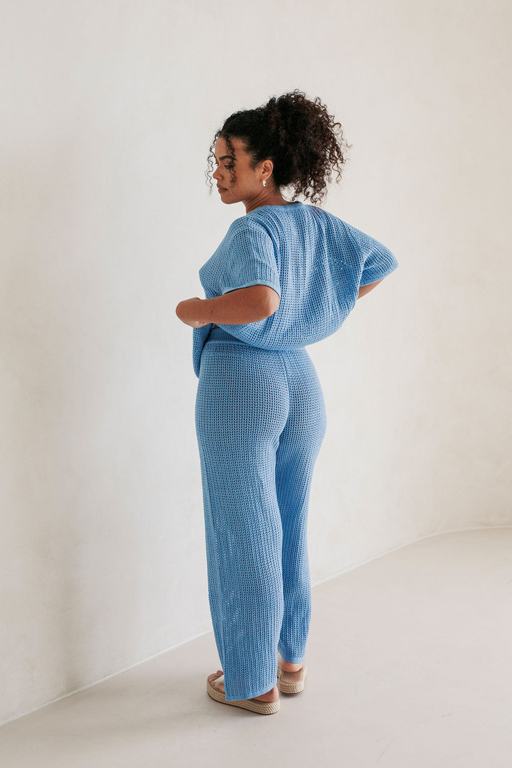 Blue Knit Elastic High Waist Wide Leg Zayna Pants