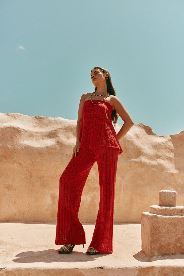 Red Cotton Knit High Waist Athena Pants