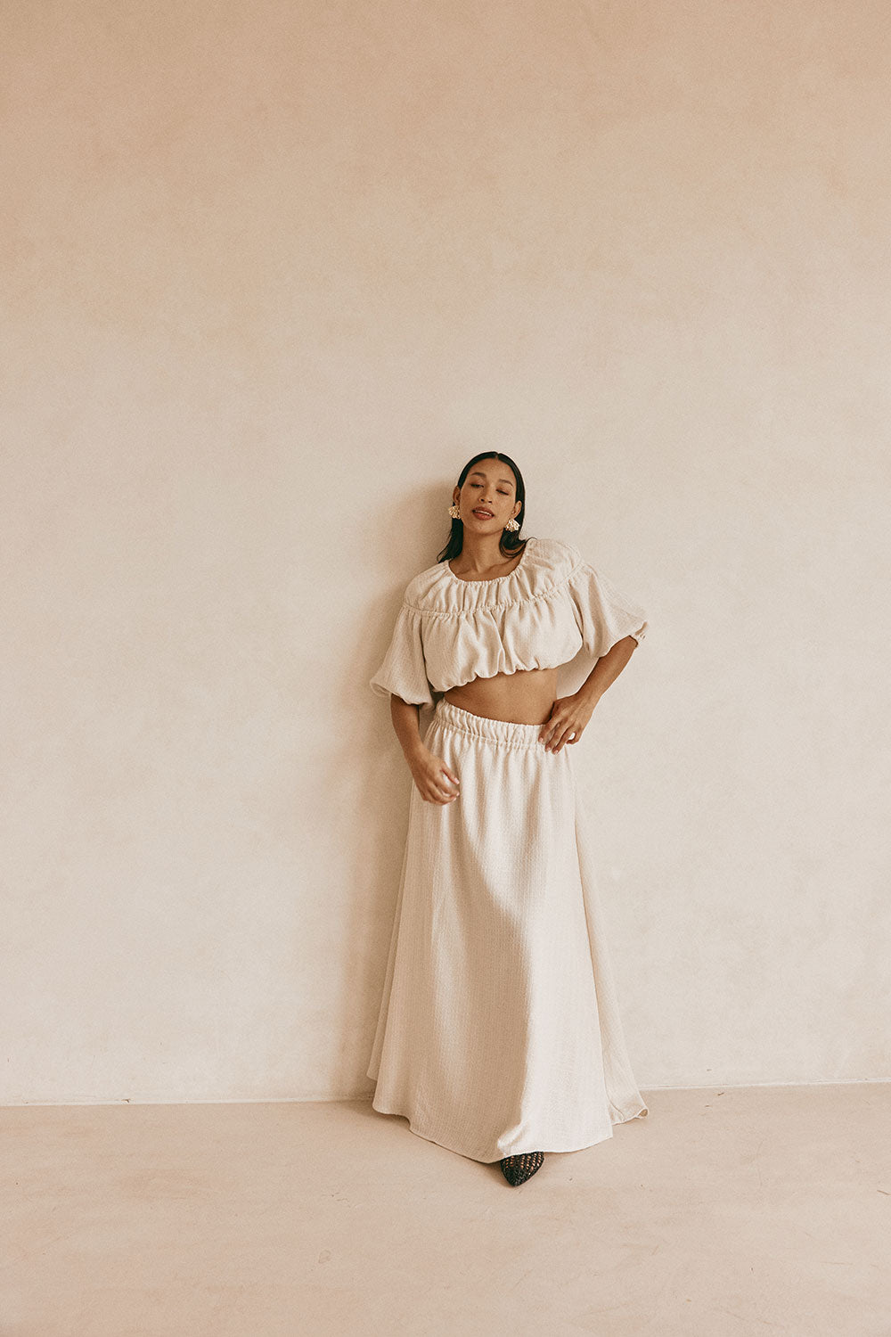 Beige Ruched A Line Maxi Astra Skirt