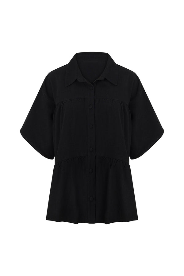 Black Short Sleeve Button Up Collar Luna Top