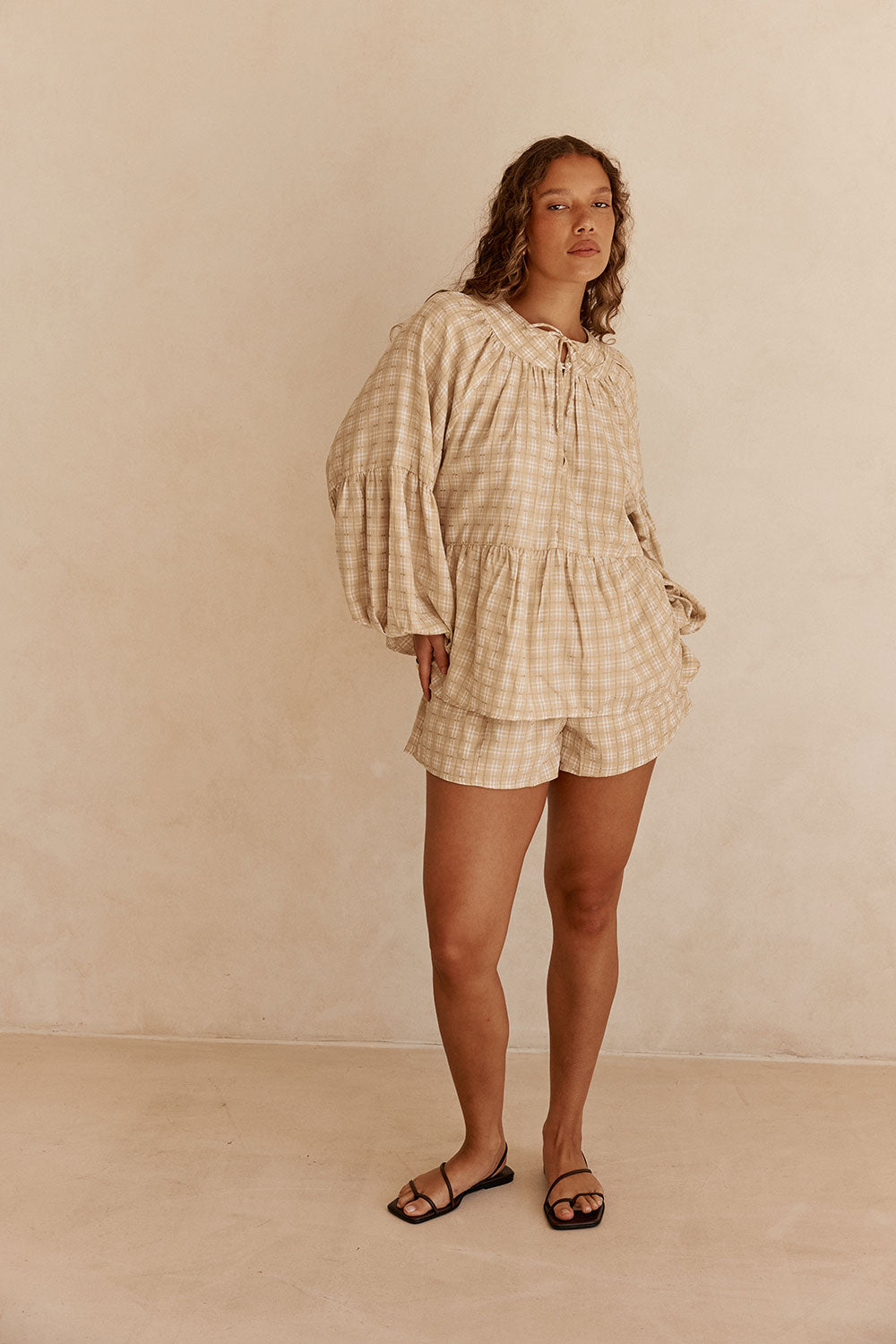 Khaki Gingham Flouncy Puff Sleeve Rylia Top