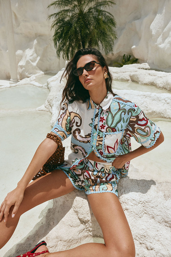 Blue Floral Paradesios Print Button Up Cassia Shirt