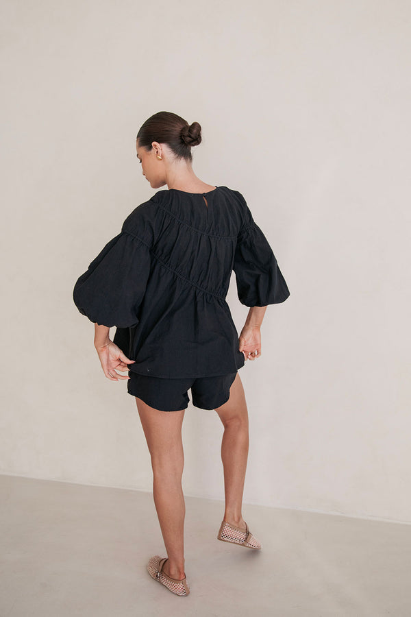 Black Long Sleeve Panelled Flounce Akel Top