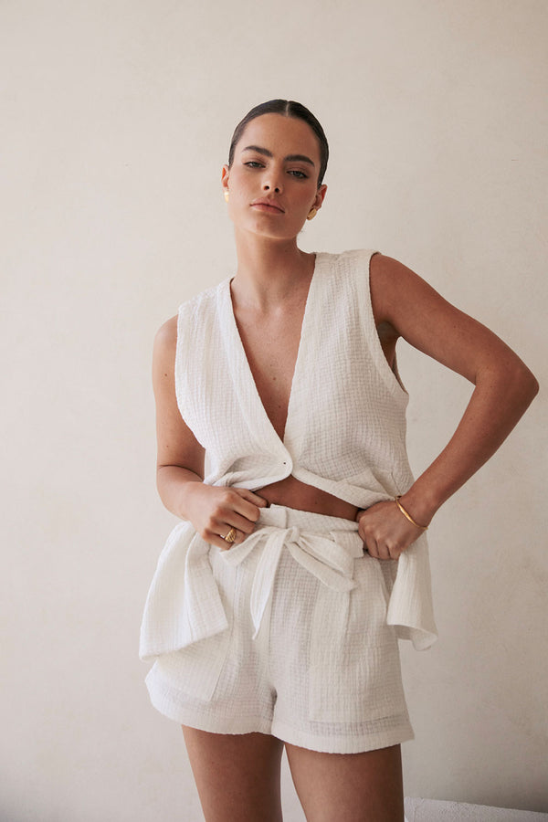 White Plunge V Neck Button Zoriah Top