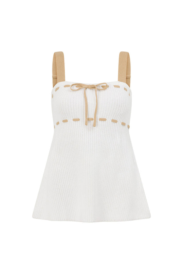 Cream Ribbed Drawstring Indigo Top
