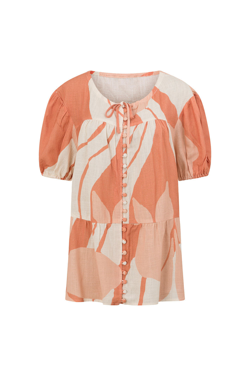 Peach Solanto Print Button Puff Sleeve Ales Top