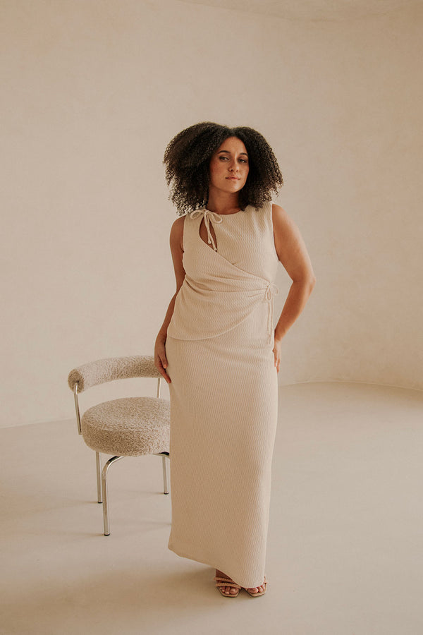 Beige Wrap Fitted Maxi Eliana Dress